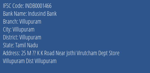 Indusind Bank Villupuram Branch, Branch Code 001466 & IFSC Code INDB0001466