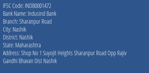 Indusind Bank Sharanpur Road Branch Nashik IFSC Code INDB0001472