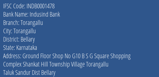 Indusind Bank Torangallu Branch, Branch Code 001478 & IFSC Code INDB0001478