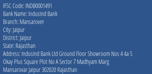 Indusind Bank Mansarover Branch Jaipur IFSC Code INDB0001491