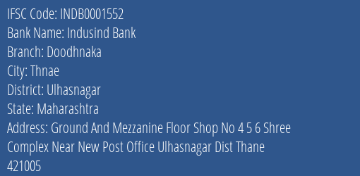 Indusind Bank Doodhnaka Branch Ulhasnagar IFSC Code INDB0001552