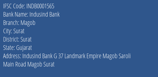 Indusind Bank Magob Branch, Branch Code 001565 & IFSC Code INDB0001565
