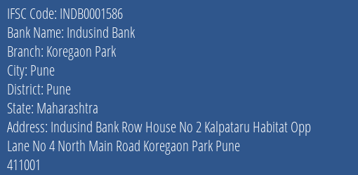 Indusind Bank Koregaon Park Branch Pune IFSC Code INDB0001586