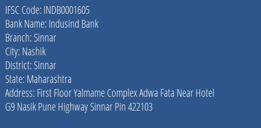 Indusind Bank Sinnar Branch Sinnar IFSC Code INDB0001605
