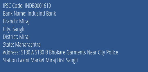 Indusind Bank Miraj Branch Miraj IFSC Code INDB0001610