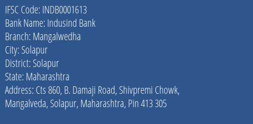Indusind Bank Mangalwedha Branch Solapur IFSC Code INDB0001613
