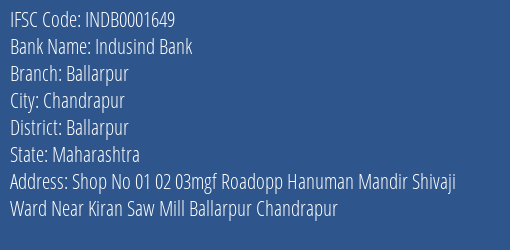 Indusind Bank Ballarpur Branch Ballarpur IFSC Code INDB0001649