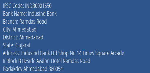 Indusind Bank Ramdas Road Branch, Branch Code 001650 & IFSC Code INDB0001650