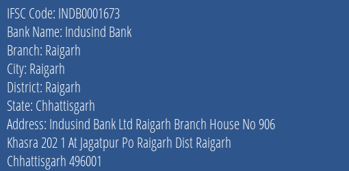 Indusind Bank Raigarh Branch Raigarh IFSC Code INDB0001673