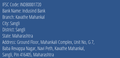 Indusind Bank Kavathe Mahankal Branch Sangli IFSC Code INDB0001720