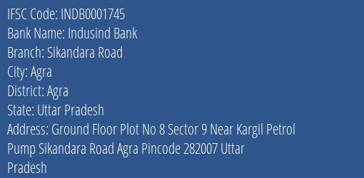 Indusind Bank Sikandara Road Branch Agra IFSC Code INDB0001745