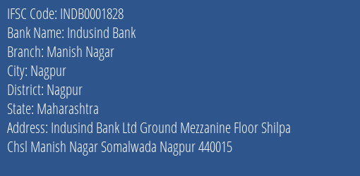 Indusind Bank Manish Nagar Branch, Branch Code 001828 & IFSC Code INDB0001828