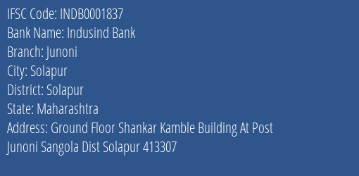 Indusind Bank Junoni Branch, Branch Code 001837 & IFSC Code INDB0001837