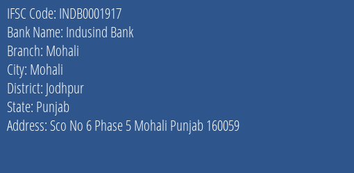 Indusind Bank Mohali Branch, Branch Code 001917 & IFSC Code INDB0001917