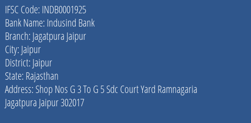 Indusind Bank Jagatpura Jaipur Branch Jaipur IFSC Code INDB0001925