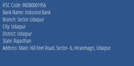 Indusind Bank Sector Udaipur Branch Udaipur IFSC Code INDB0001956