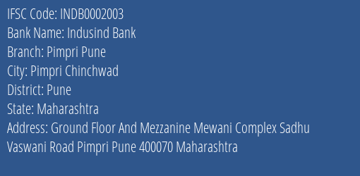Indusind Bank Pimpri Pune Branch Pune IFSC Code INDB0002003