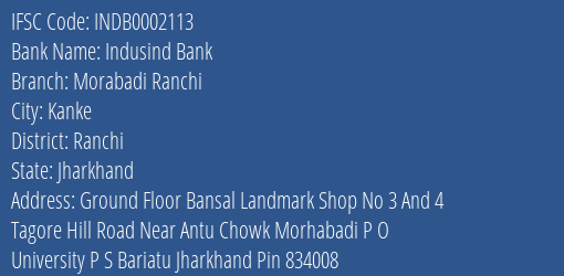 Indusind Bank Morabadi Ranchi Branch, Branch Code 002113 & IFSC Code INDB0002113
