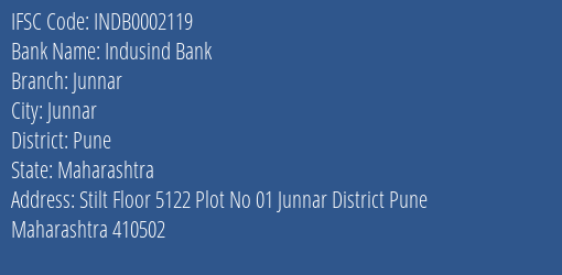 Indusind Bank Junnar Branch, Branch Code 002119 & IFSC Code Indb0002119
