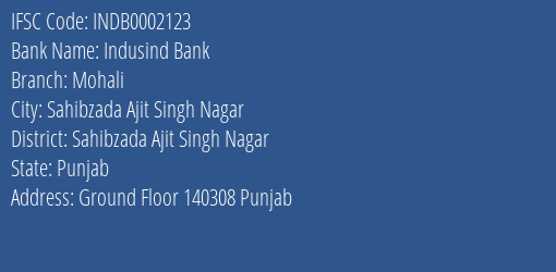 Indusind Bank Mohali Branch Sahibzada Ajit Singh Nagar IFSC Code INDB0002123