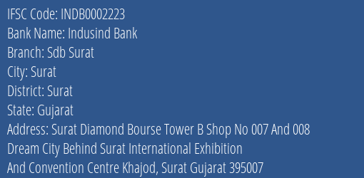 Indusind Bank Sdb Surat Branch Surat IFSC Code INDB0002223