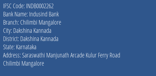 Indusind Bank Chilimbi Mangalore Branch Dakshina Kannada IFSC Code INDB0002262