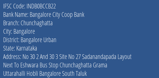 Bangalore City Coop Bank Chunchaghatta Branch, Branch Code BCCB22 & IFSC Code INDB0BCCB22