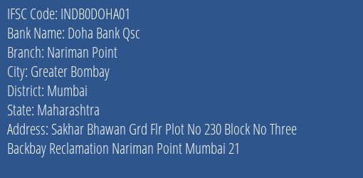 Indusind Bank Doha Bank Qsc Branch Greater Bombay IFSC Code INDB0DOHA01