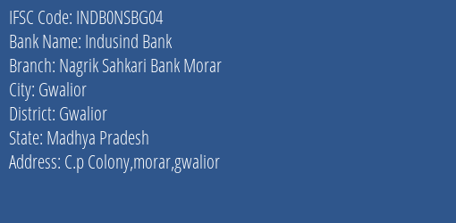 Indusind Bank Nagrik Sahkari Bank Morar Branch Gwalior IFSC Code INDB0NSBG04