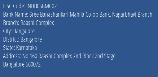 Sree Banashankari Mahila Co-op Bank Nagarbhavi Branch Raashi Complex Branch, Branch Code SBMC02 & IFSC Code INDB0SBMC02
