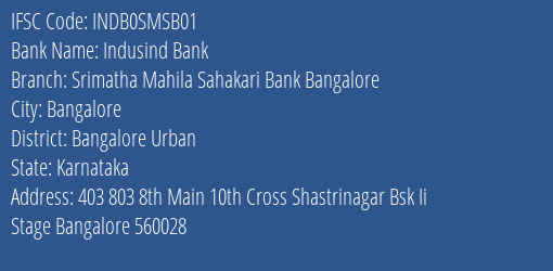 Indusind Bank Srimatha Mahila Sahakari Bank Bangalore Branch, Branch Code SMSB01 & IFSC Code INDB0SMSB01