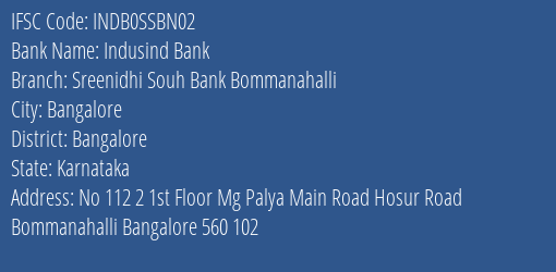 Indusind Bank Sreenidhi Souh Bank Bommanahalli Branch, Branch Code SSBN02 & IFSC Code INDB0SSBN02