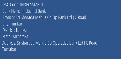 Indusind Bank Sri Sharada Mahila Co Op Bank Ltd J C Road Branch, Branch Code SSMB01 & IFSC Code INDB0SSMB01
