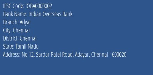 Indian Overseas Bank Adyar Branch IFSC Code