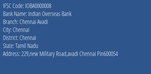 Indian Overseas Bank Chennai Avadi Branch IFSC Code