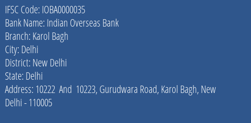 Indian Overseas Bank Karol Bagh Branch, Branch Code 000035 & IFSC Code IOBA0000035