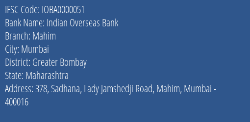 Indian Overseas Bank Mahim Branch IFSC Code