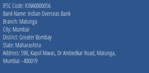 Indian Overseas Bank Matunga Branch IFSC Code