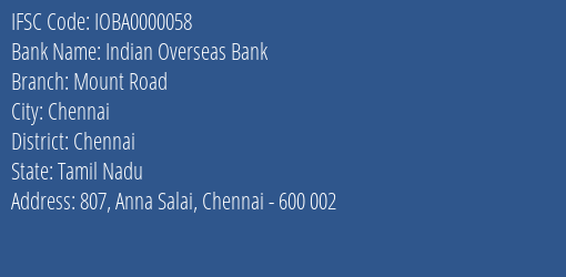 Indian Overseas Bank Mount Road Branch IFSC Code