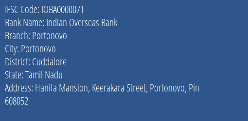 Indian Overseas Bank Portonovo Branch IFSC Code