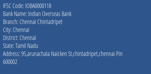 Indian Overseas Bank Chennai Chintadripet Branch, Branch Code 000118 & IFSC Code IOBA0000118