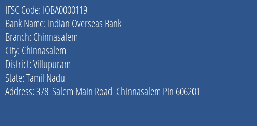 Indian Overseas Bank Chinnasalem Branch, Branch Code 000119 & IFSC Code IOBA0000119