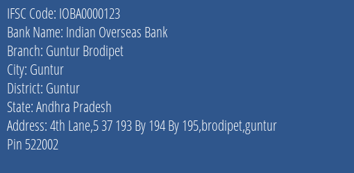 Indian Overseas Bank Guntur Brodipet Branch, Branch Code 000123 & IFSC Code IOBA0000123