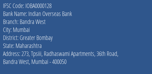 Indian Overseas Bank Bandra West Branch IFSC Code
