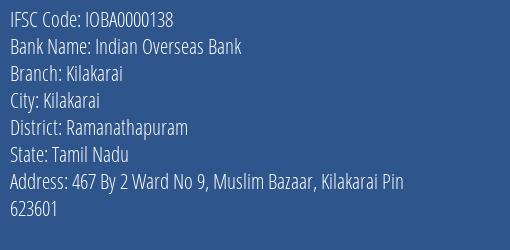 Indian Overseas Bank Kilakarai Branch IFSC Code