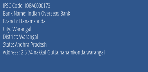 Indian Overseas Bank Hanamkonda Branch Warangal IFSC Code IOBA0000173