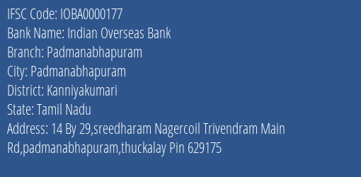 Indian Overseas Bank Padmanabhapuram Branch Kanniyakumari IFSC Code IOBA0000177