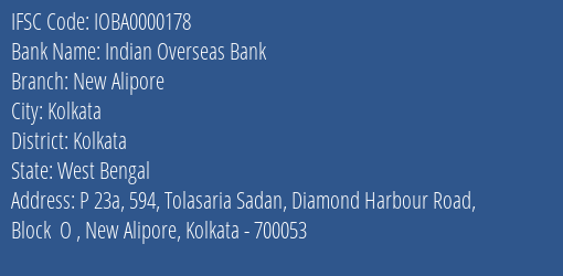 Indian Overseas Bank New Alipore Branch IFSC Code