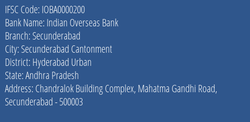 Indian Overseas Bank Secunderabad Branch IFSC Code