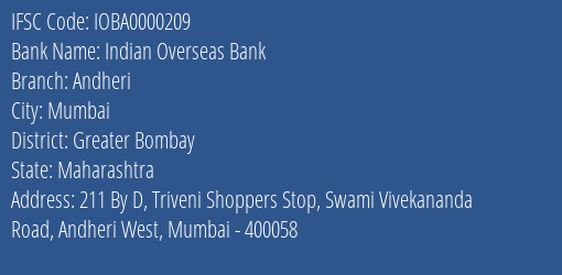 Indian Overseas Bank Andheri Branch Greater Bombay IFSC Code IOBA0000209